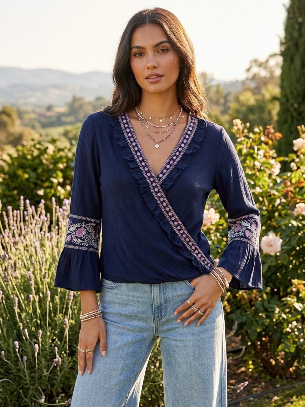 Soho Navy Faux Wrap Blouse with Pink Embroidered Trim